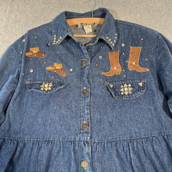 Denim maxi Dress Womens 14 Full Button Front Western Studded Cowboy Boots Hat - Picture 4 of 15